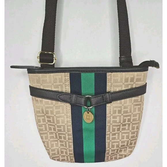 Tommy Hilfiger Tan Blue Square Stripe Crossbody Bag Purse Vintage - Picture 1 of 13